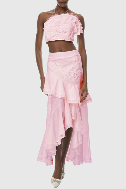 Mikae Floral Appliqué Top & Midi Skirt Set - Pink