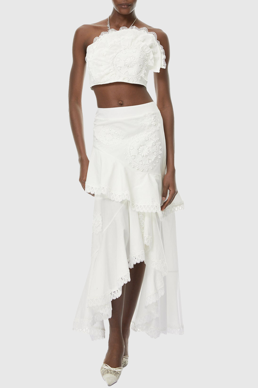 Mikae Floral Appliqué Top & Midi Skirt Set - White