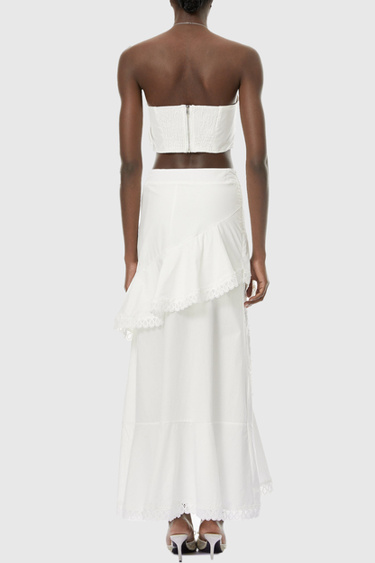 Mikae Floral Appliqué Top & Midi Skirt Set - White