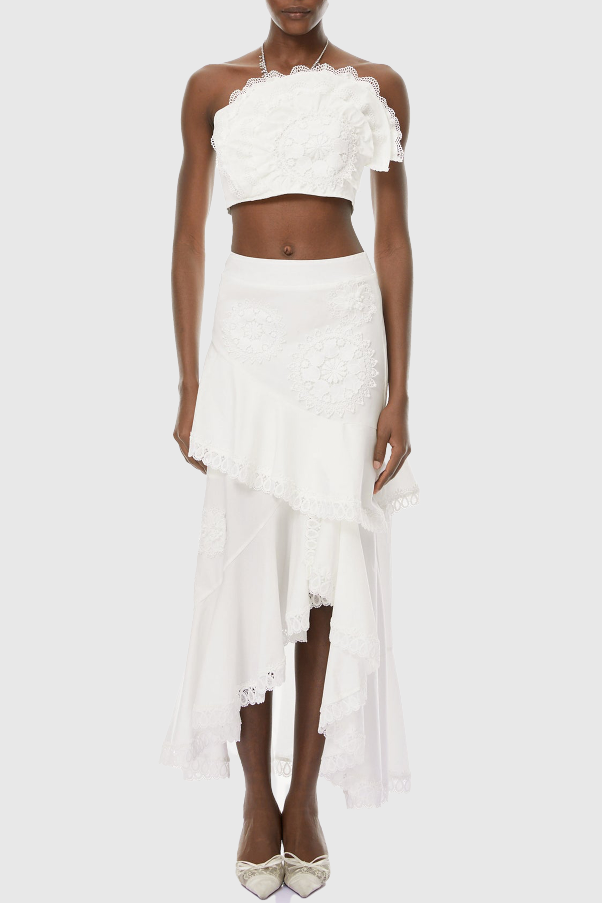 Mikae Floral Appliqué Top & Midi Skirt Set - White