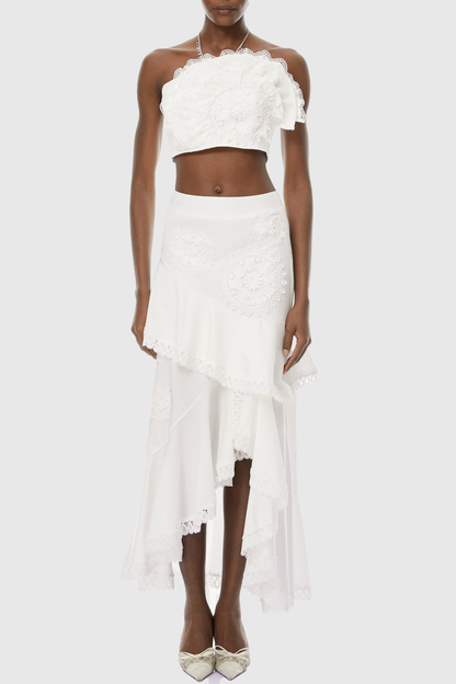 Mikae Floral Appliqué Top & Midi Skirt Set - White