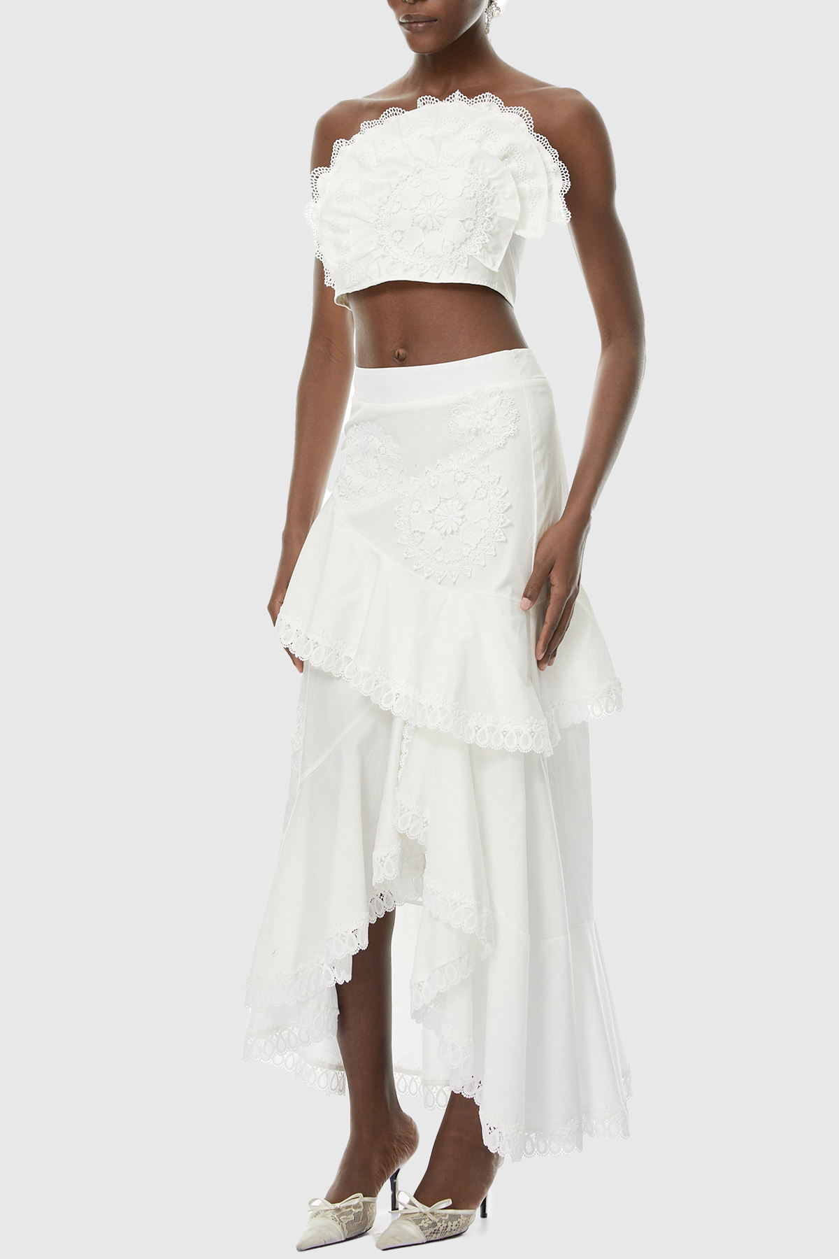 Mikae Floral Appliqué Top & Midi Skirt Set - White
