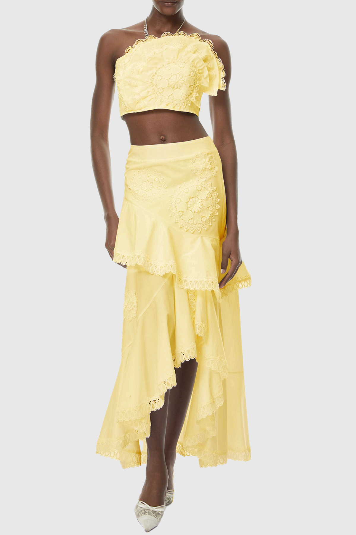 Mikae Floral Appliqué Top & Midi Skirt Set - Yellow