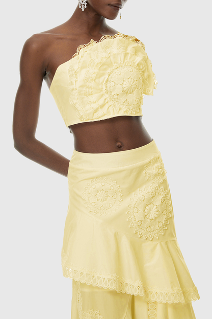 Mikae Floral Appliqué Top & Midi Skirt Set - Yellow