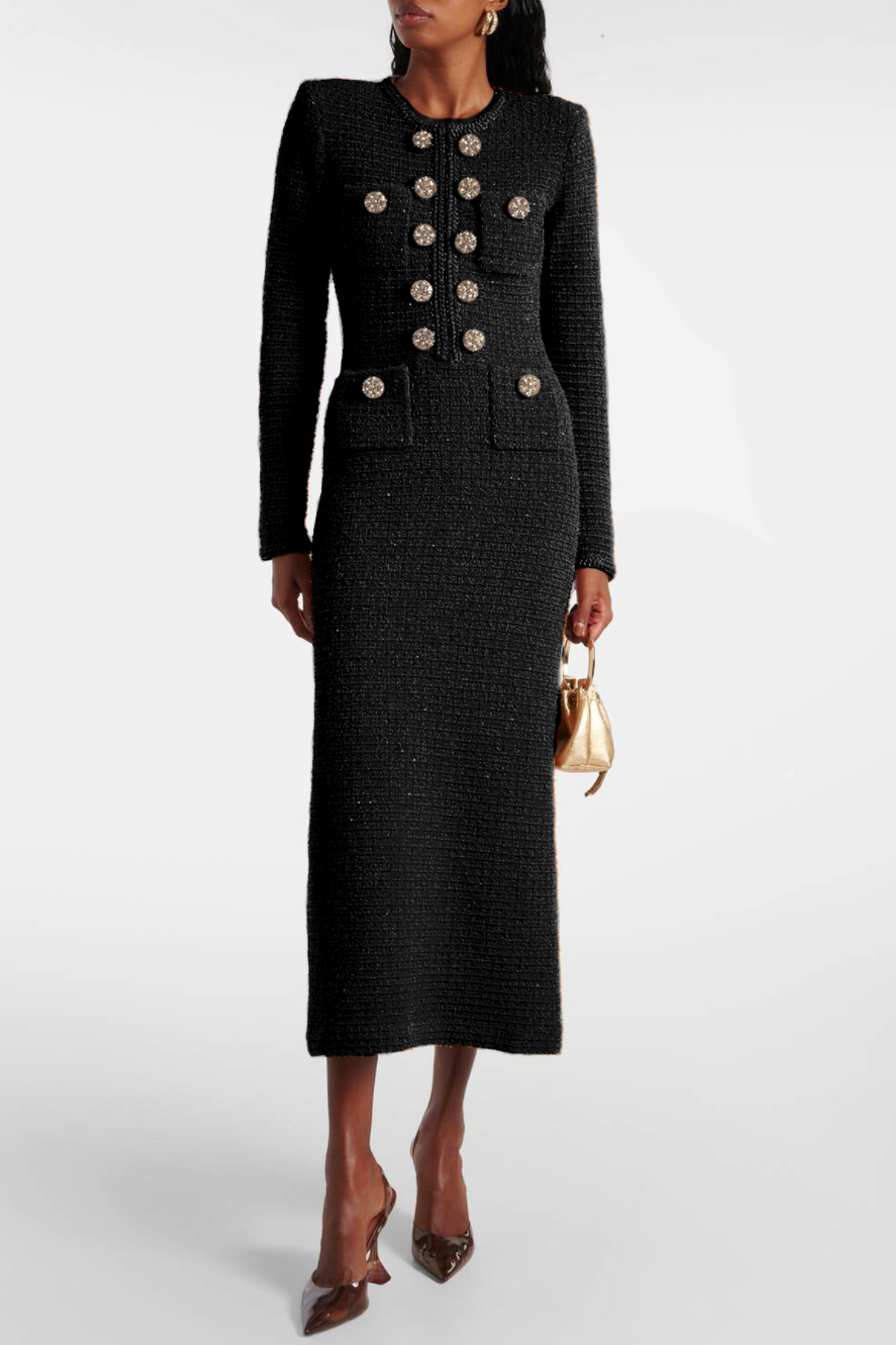 Mikya Waffle Knit Embellished Midi Dress - Black