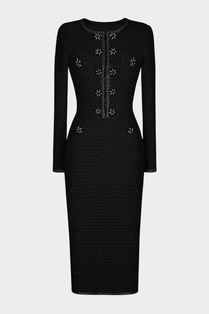 Mikya Waffle Knit Embellished Midi Dress - Black