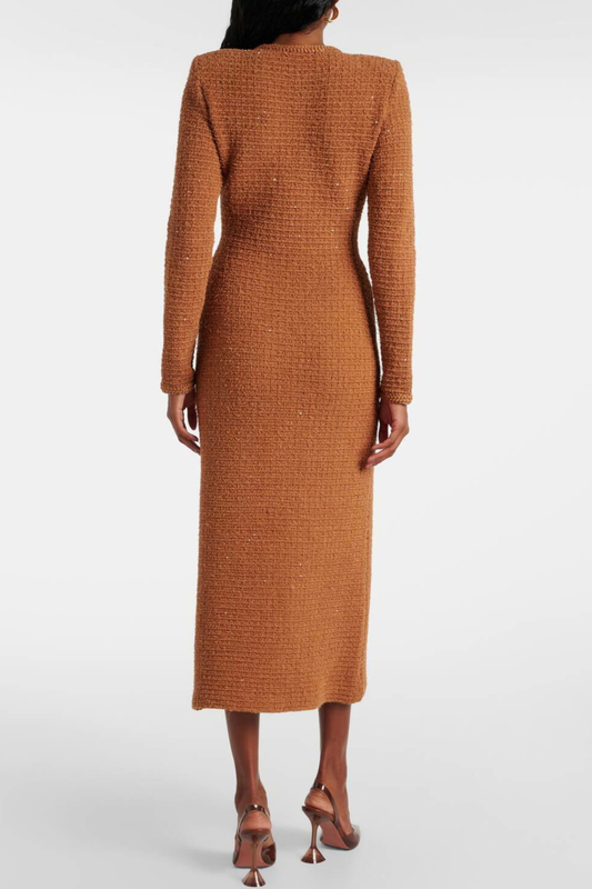 Mikya Waffle Knit Embellished Midi Dress - Brown