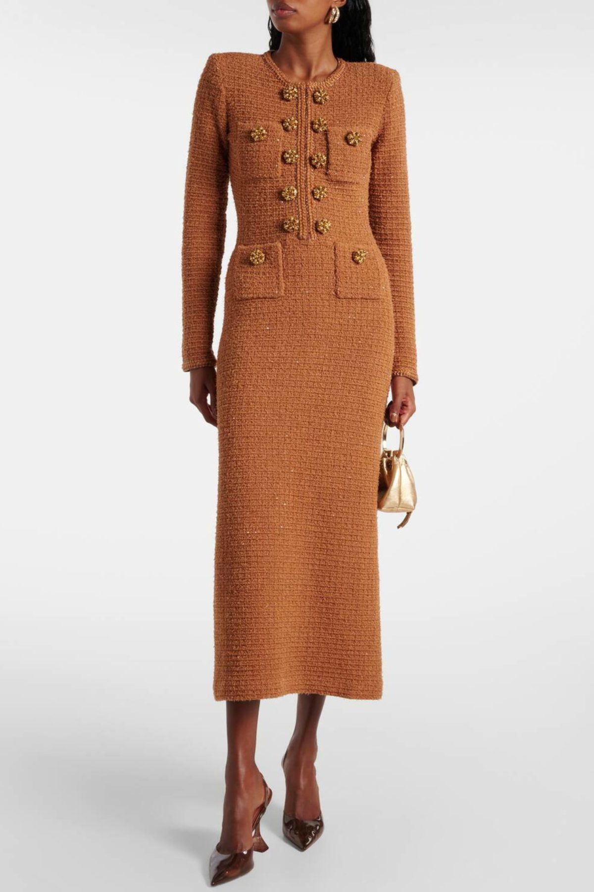 Mikya Waffle Knit Embellished Midi Dress - Brown