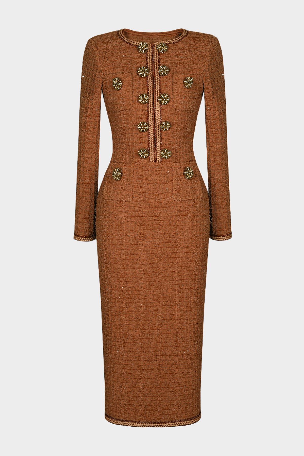 Mikya Waffle Knit Embellished Midi Dress - Brown