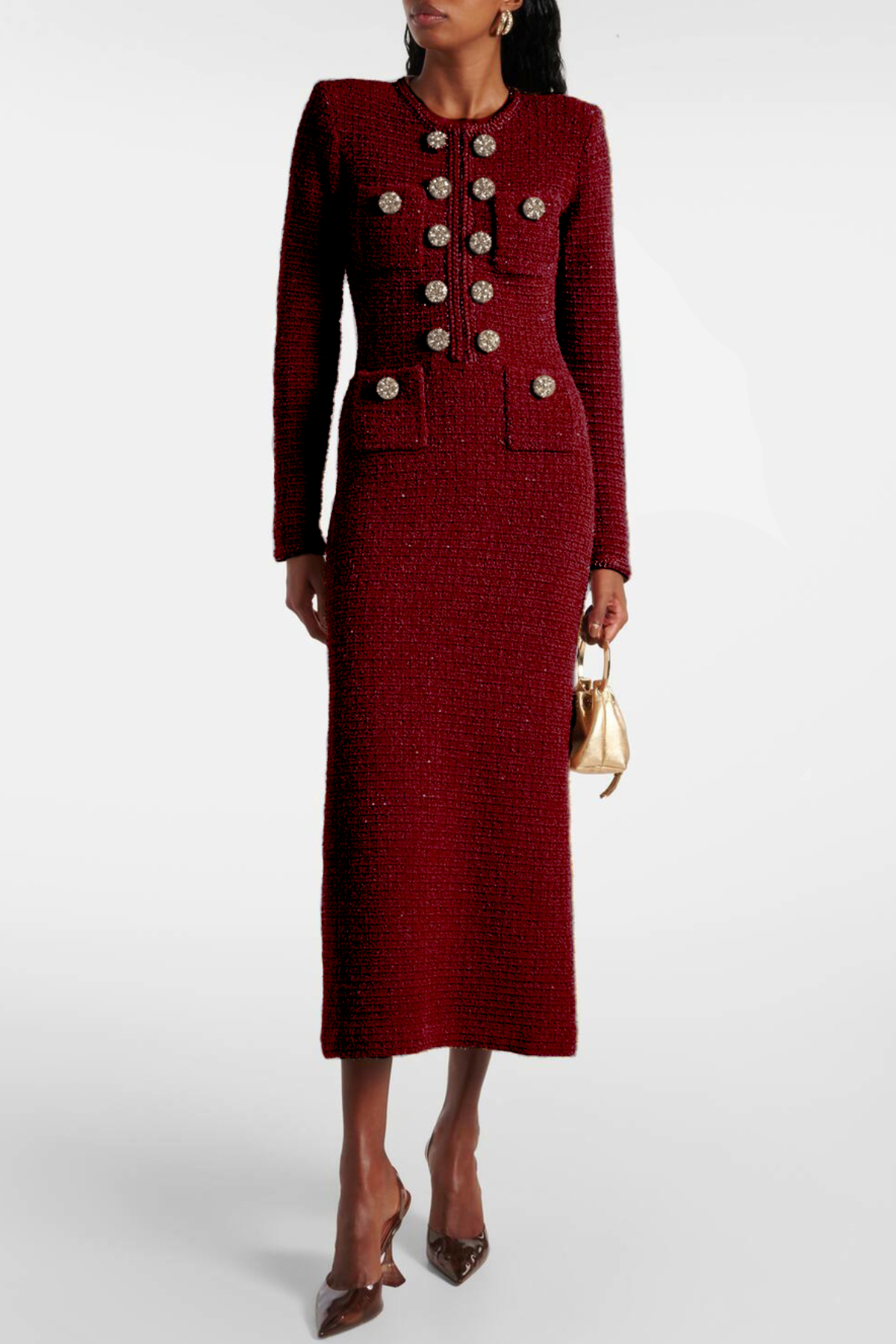 Mikya Waffle Knit Embellished Midi Dress - Wine