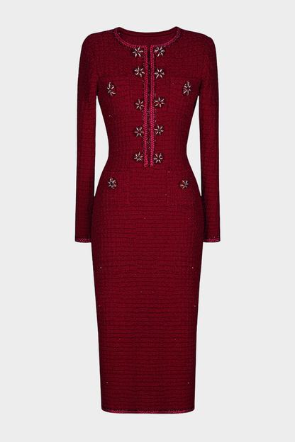 Mikya Waffle Knit Embellished Midi Dress - Wine