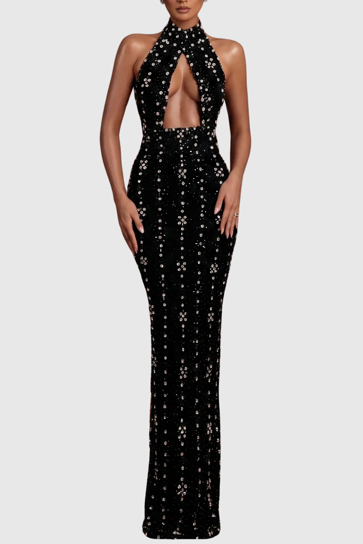 Milara Halter Crystal Embellished Cutout Maxi Dress