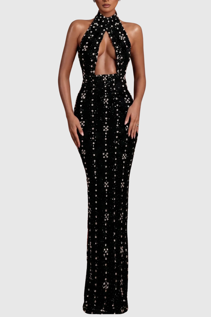 Milara Halter Crystal Embellished Cutout Maxi Dress