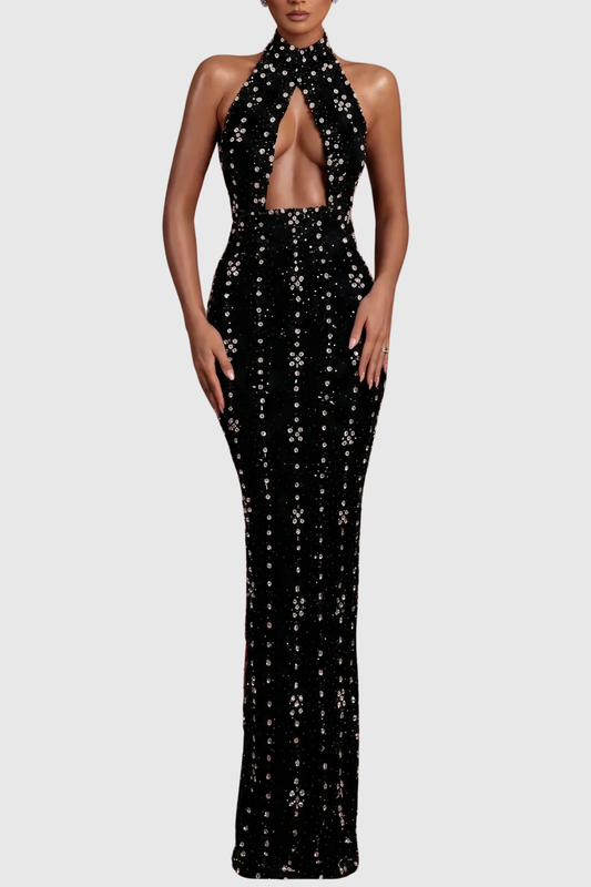 Milara Halter Crystal Embellished Cutout Maxi Dress