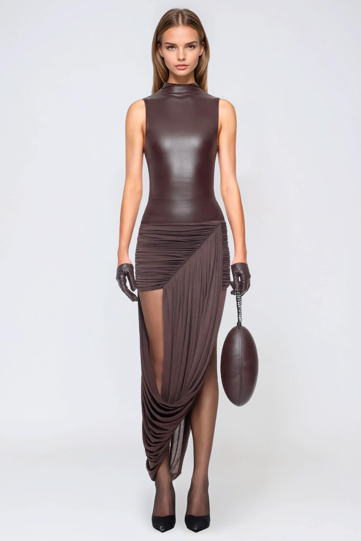 Mildre Asymmetric Draped Sleeveless Midi Dress