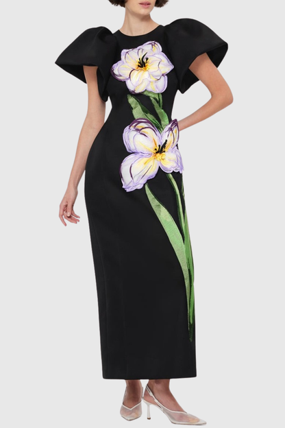 Mimoza Floral Appliqué Maxi Dress - Black