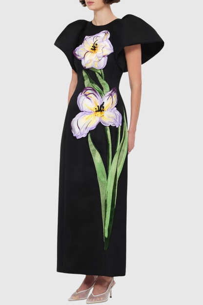 Mimoza Floral Appliqué Maxi Dress - Black