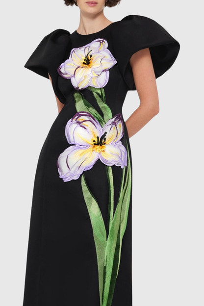 Mimoza Floral Appliqué Maxi Dress - Black