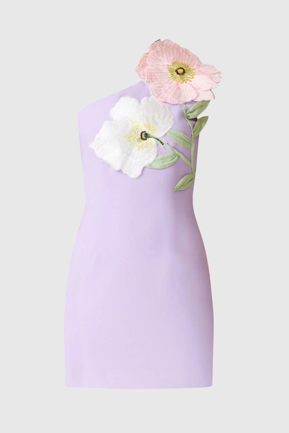 Mimoza Floral Appliqué One Shoulder Mini Dress - Purple