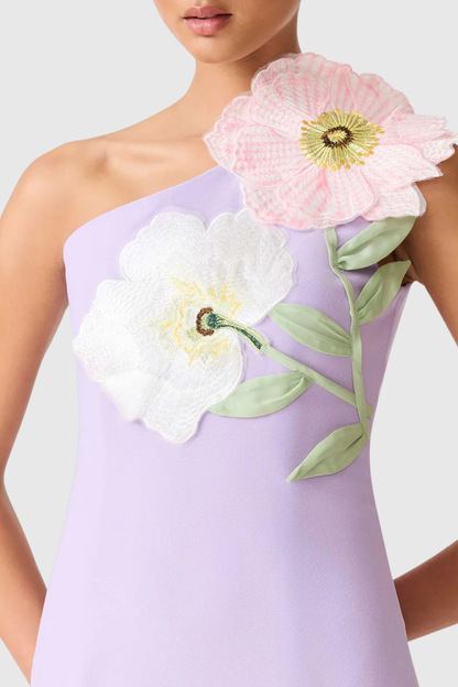 Mimoza Floral Appliqué One Shoulder Mini Dress - Purple
