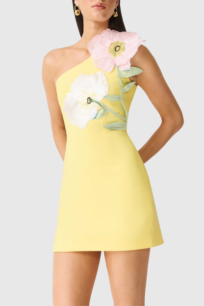 Mimoza Floral Appliqué One Shoulder Mini Dress - Yellow