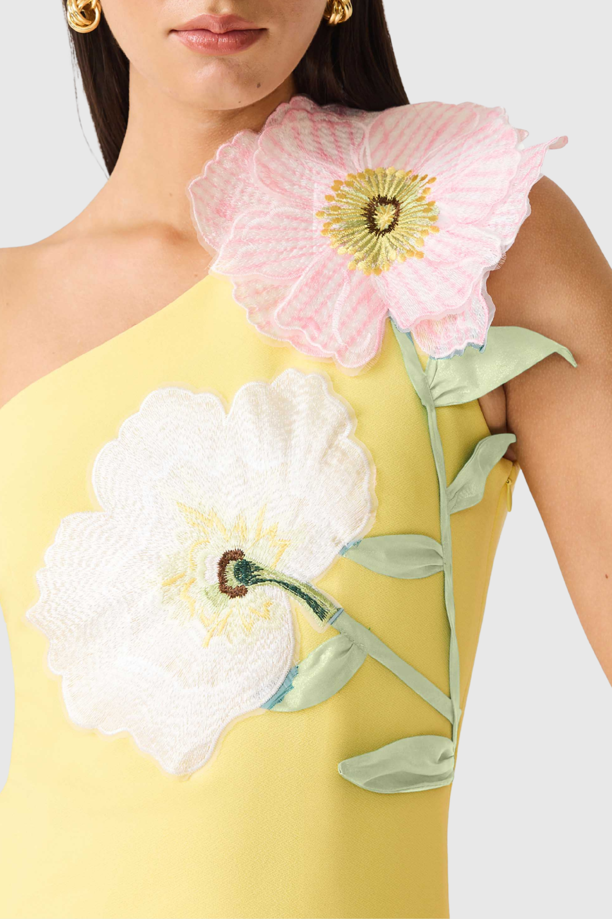 Mimoza Floral Appliqué One Shoulder Mini Dress - Yellow