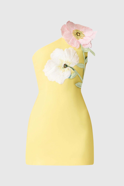 Mimoza Floral Appliqué One Shoulder Mini Dress - Yellow