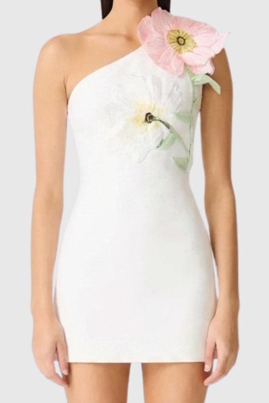 Mimoza Floral Appliqué One Shoulder Mini Dress - White