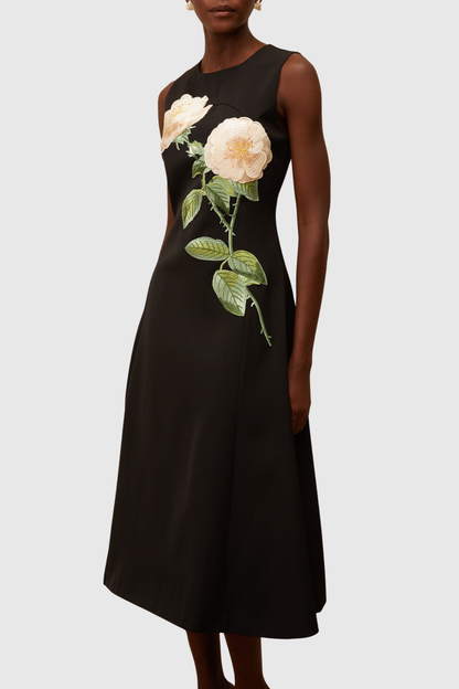 Mimoza Floral Appliqué Sleeveless Midi Dress - Black