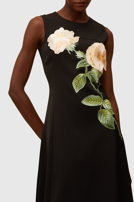 Mimoza Floral Appliqué Sleeveless Midi Dress - Black