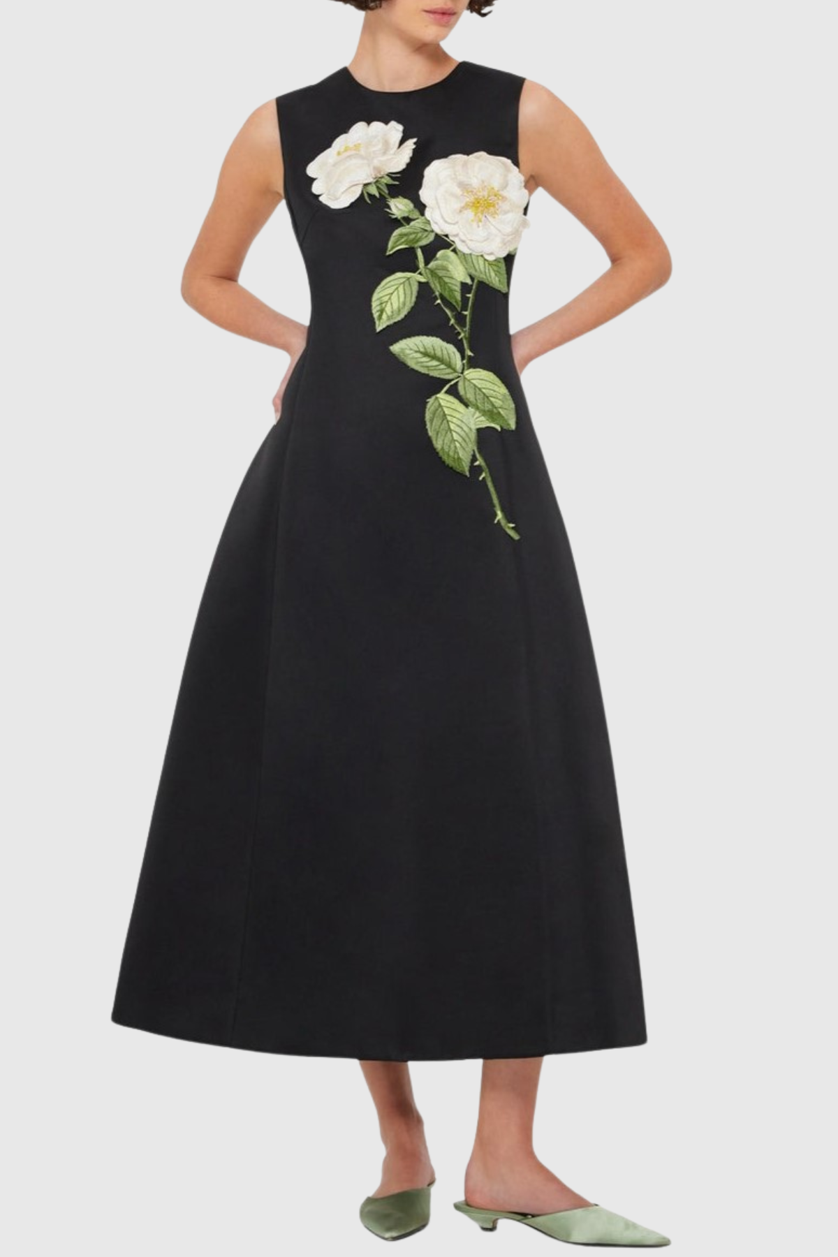 Mimoza Floral Appliqué Sleeveless Midi Dress - Black