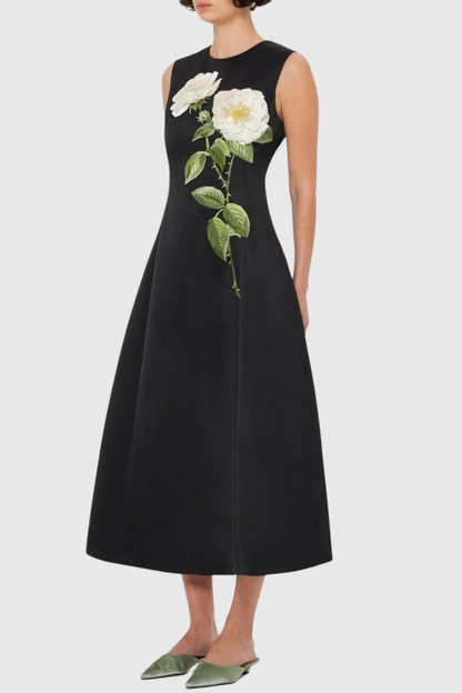 Mimoza Floral Appliqué Sleeveless Midi Dress - Black