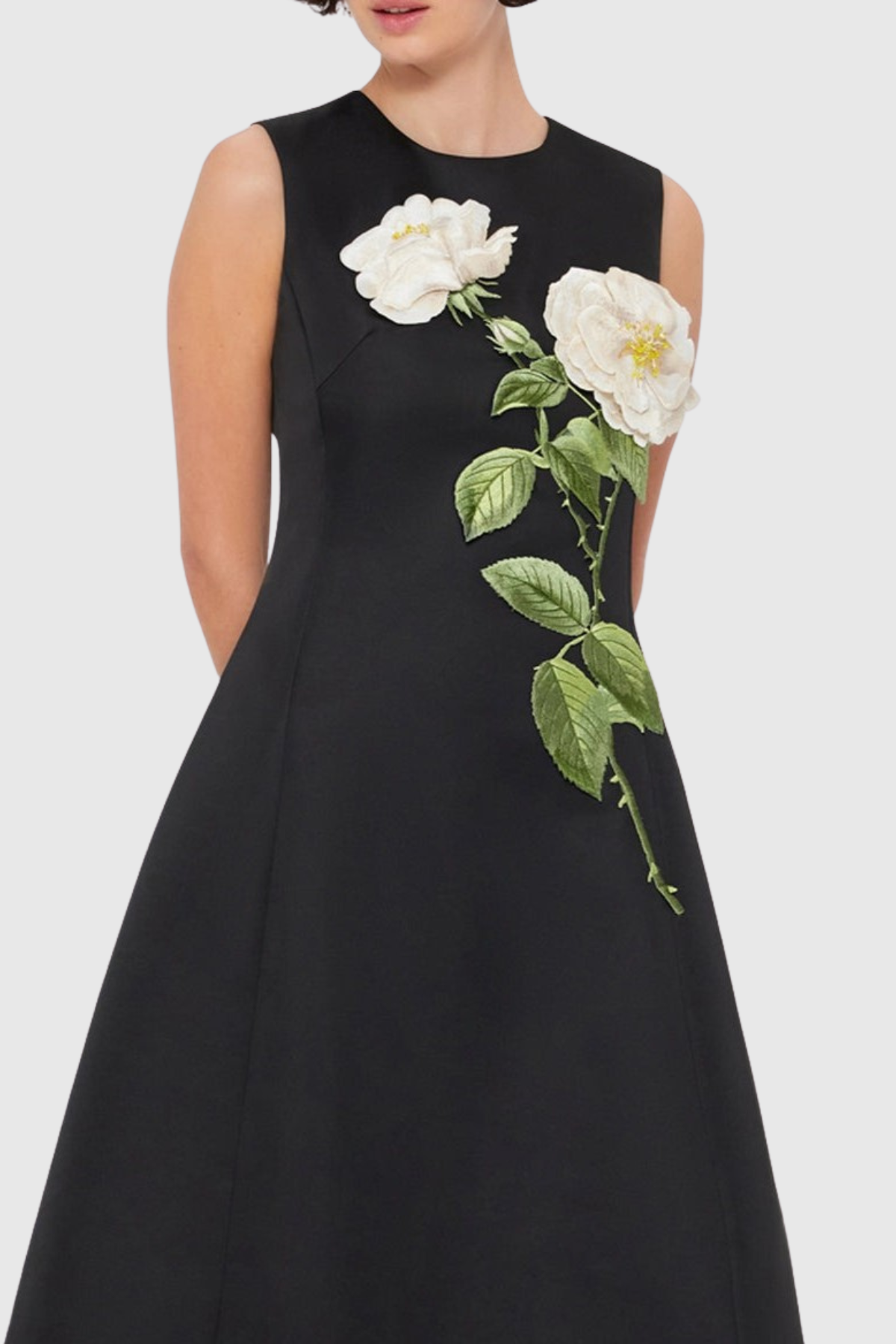 Mimoza Floral Appliqué Sleeveless Midi Dress - Black