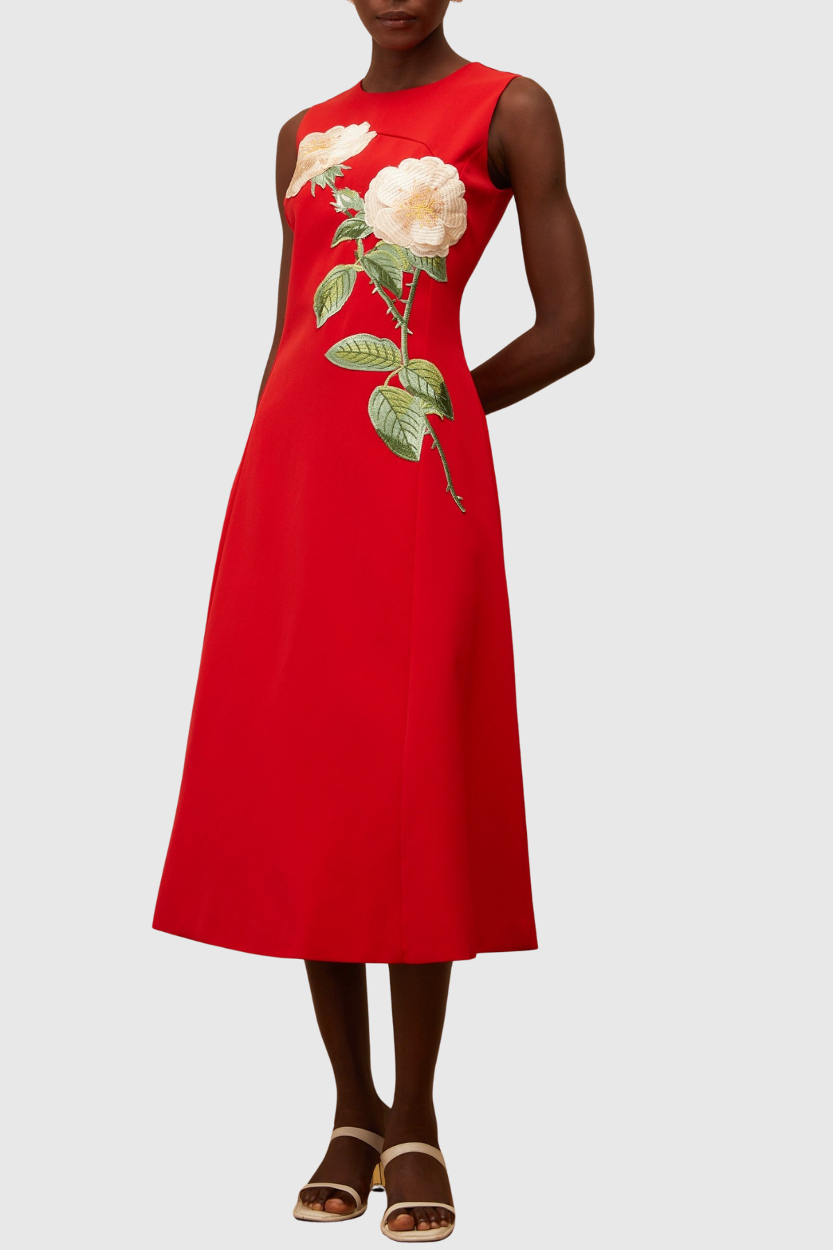Mimoza Floral Appliqué Sleeveless Midi Dress - Red