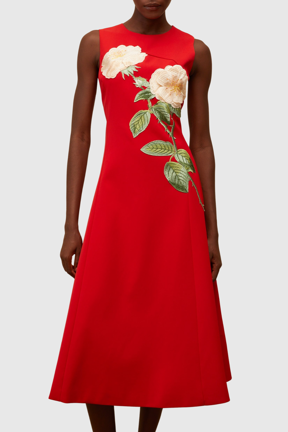 Mimoza Floral Appliqué Sleeveless Midi Dress - Red