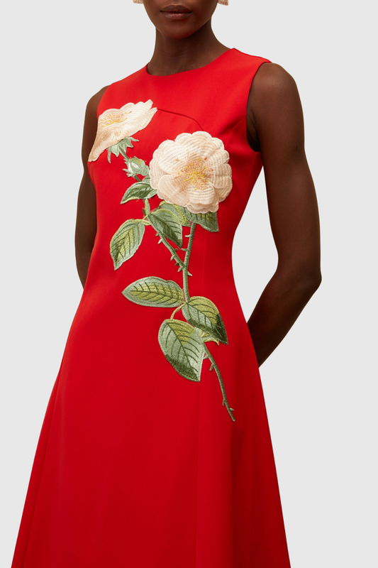 Mimoza Floral Appliqué Sleeveless Midi Dress - Red