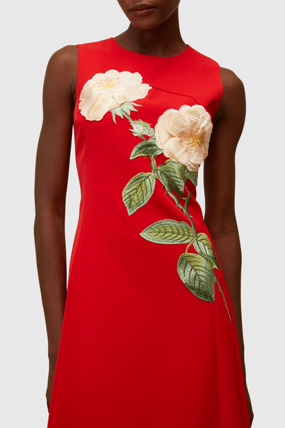 Mimoza Floral Appliqué Sleeveless Midi Dress - Red