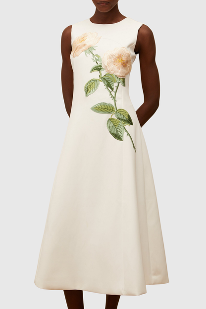 Mimoza Floral Appliqué Sleeveless Midi Dress - White