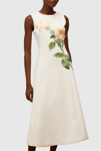Mimoza Floral Appliqué Sleeveless Midi Dress - White
