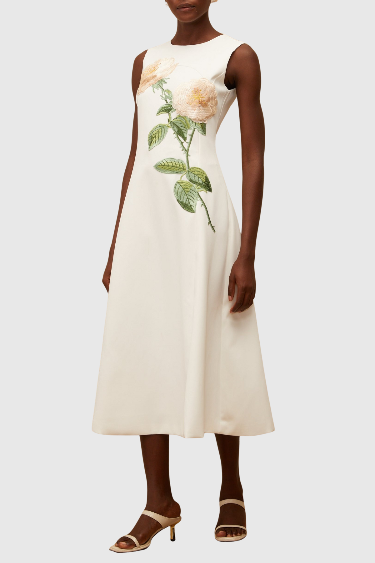 Mimoza Floral Appliqué Sleeveless Midi Dress - White