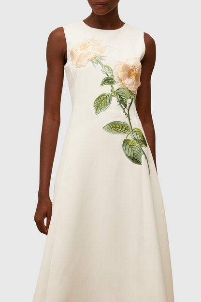 Mimoza Floral Appliqué Sleeveless Midi Dress - White
