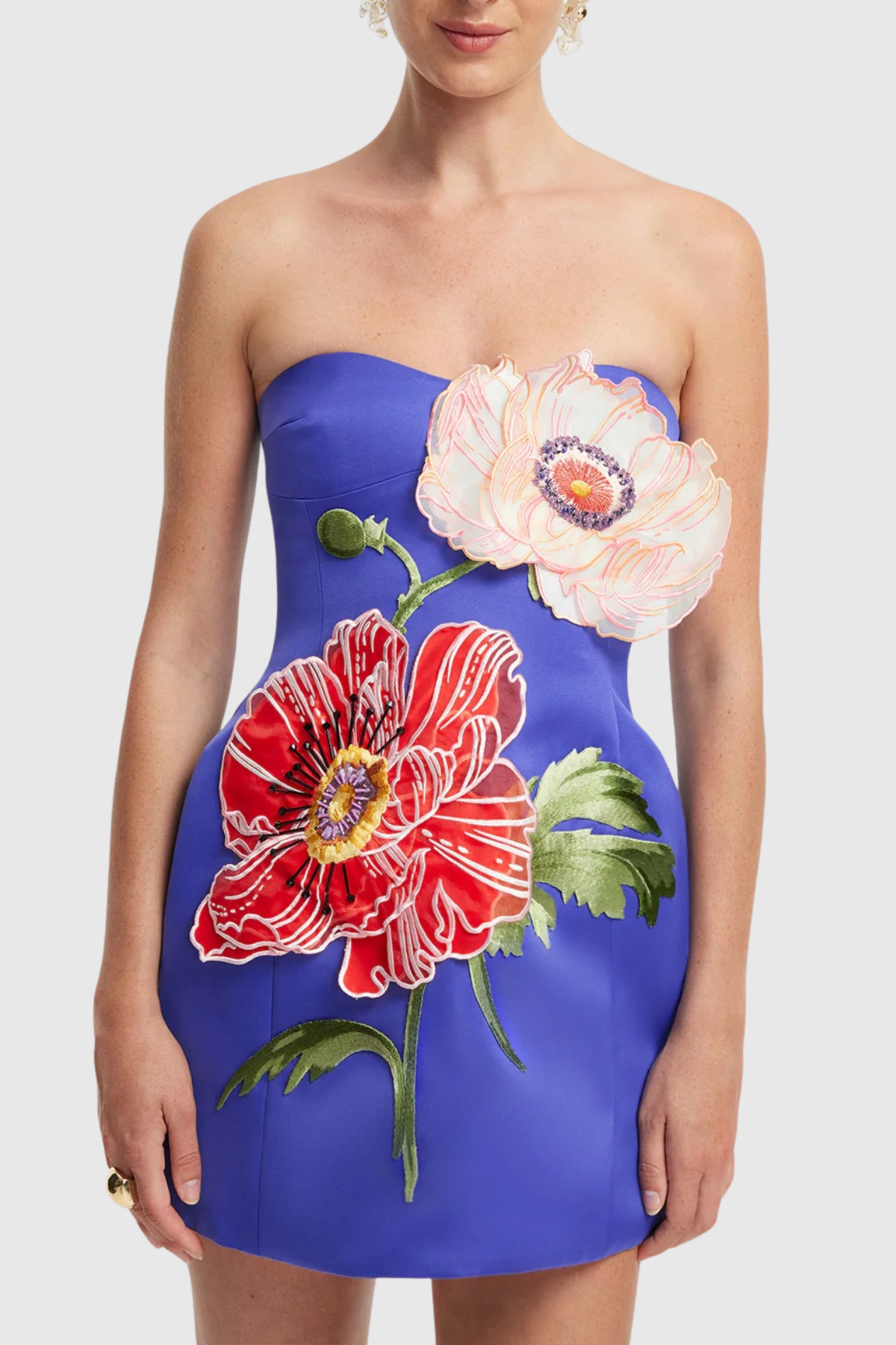 Mimoza Floral Appliqué Strapless Mini Dress - Blue