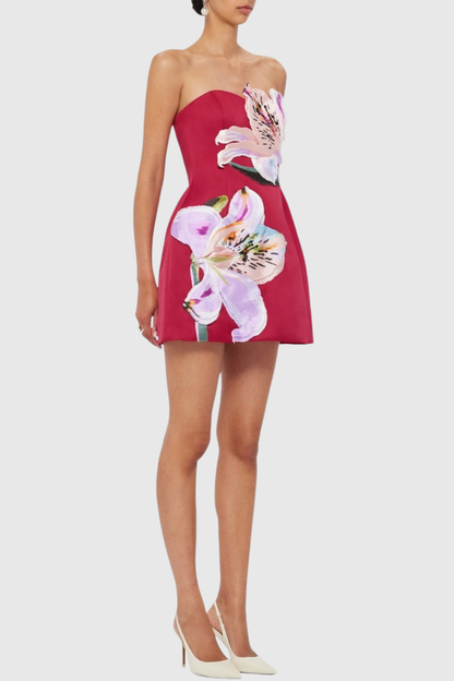 Mimoza Floral Appliqué Strapless Mini Dress - Hot Pink