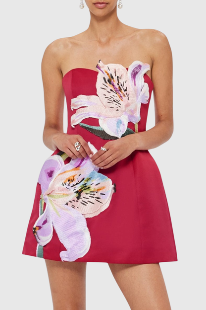 Mimoza Floral Appliqué Strapless Mini Dress - Hot Pink