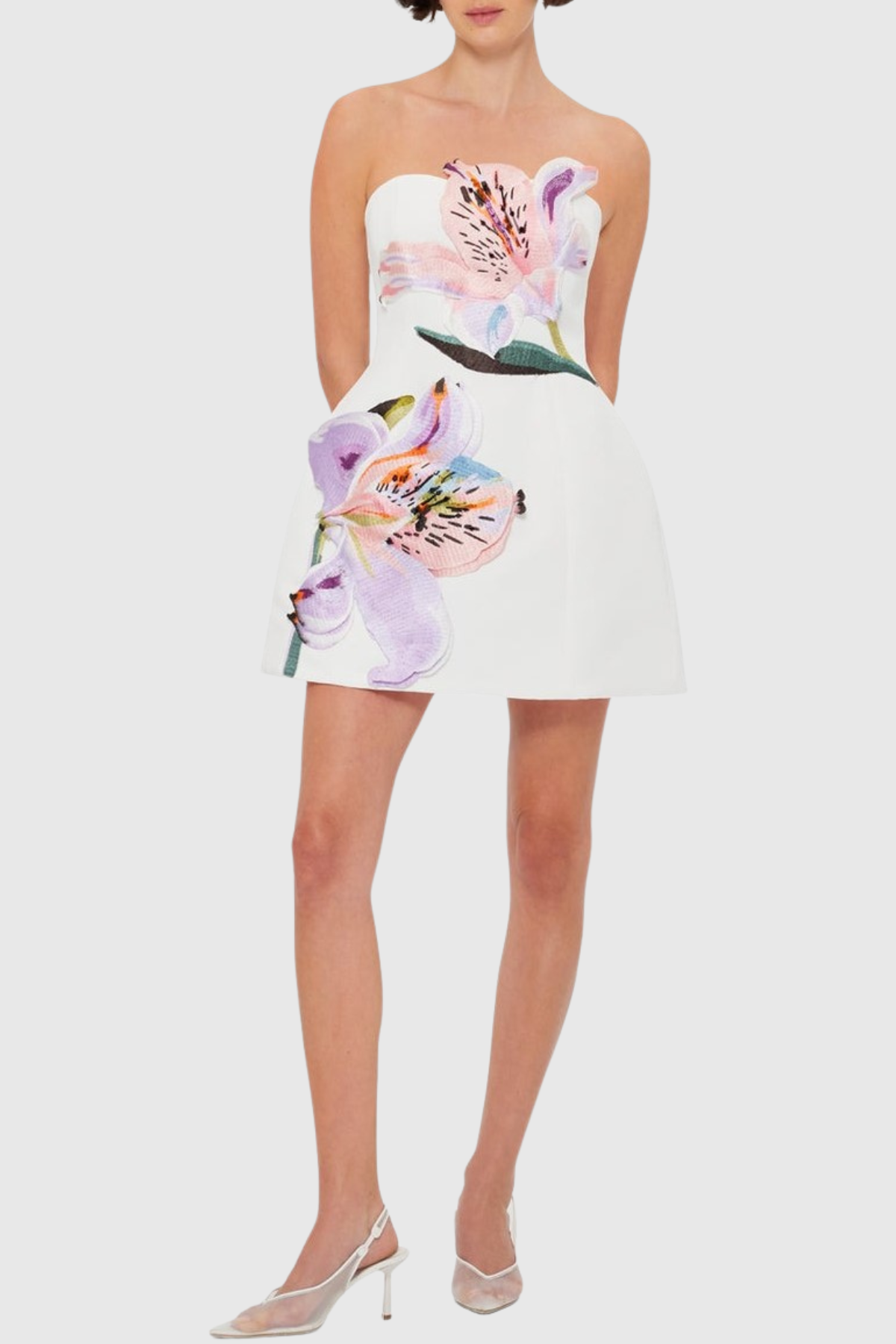 Mimoza Floral Appliqué Strapless Mini Dress - White