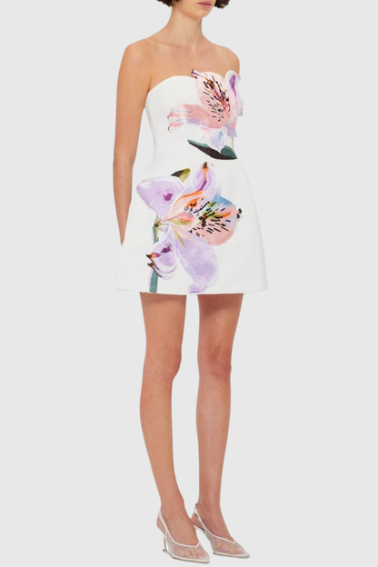 Mimoza Floral Appliqué Strapless Mini Dress - White