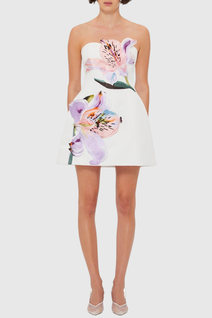 Mimoza Floral Appliqué Strapless Mini Dress - White