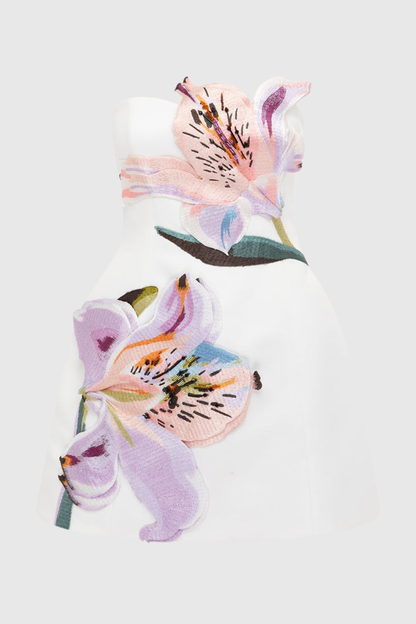 Mimoza Floral Appliqué Strapless Mini Dress - White