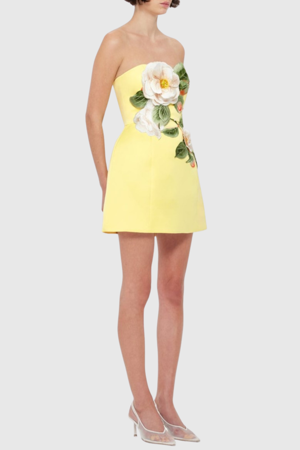 Mimoza Floral Appliqué Strapless Mini Dress - Yellow