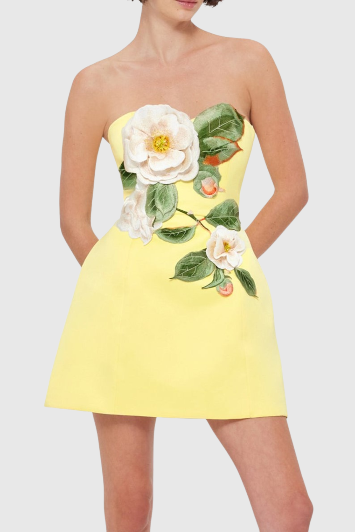 Mimoza Floral Appliqué Strapless Mini Dress - Yellow